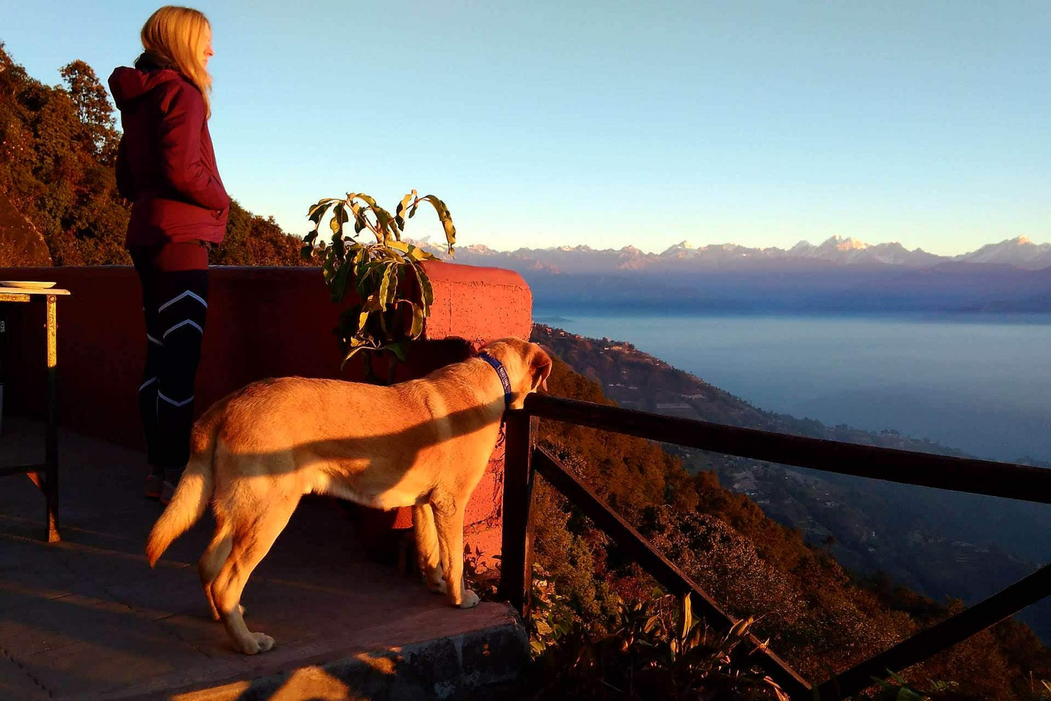 Nargakot Nepal: Looking out over the Himalayas and Everest to watch the sunrise (I am the human).